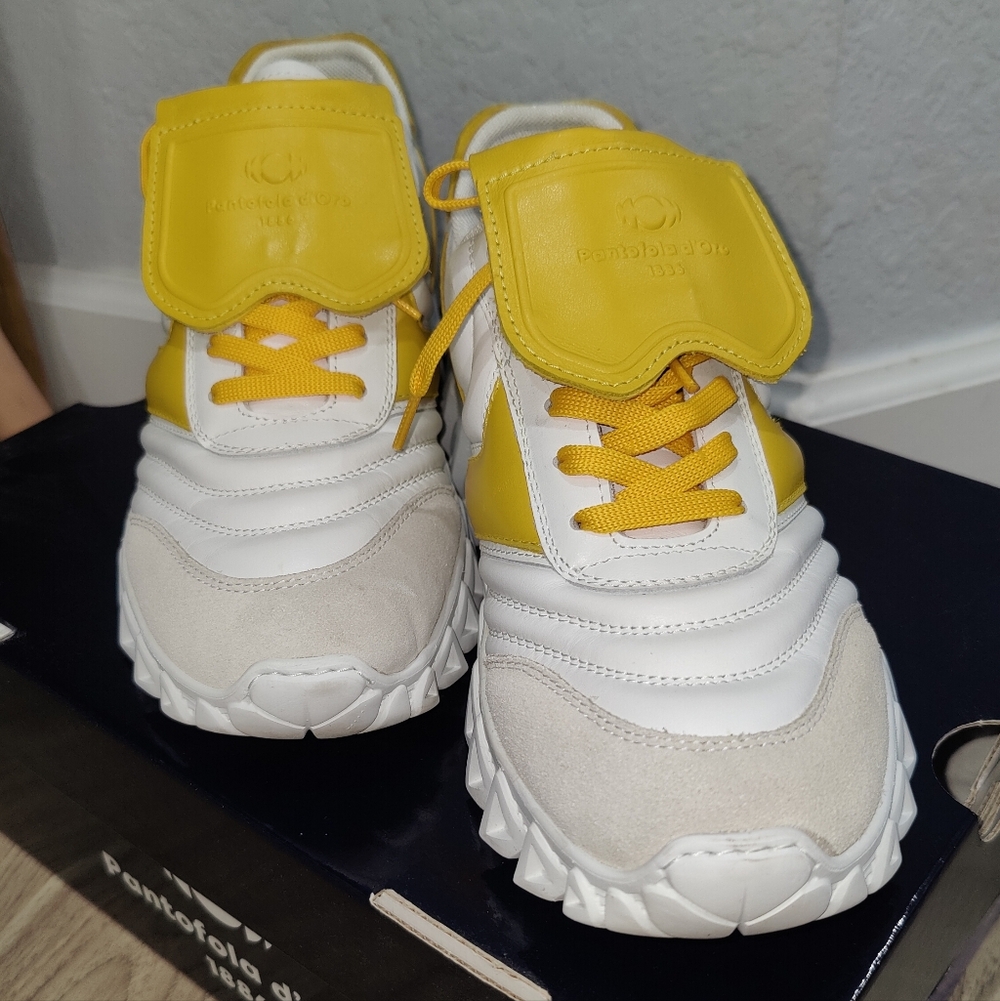 Pantofola D'oro leather womans white and yellow sneakers made in italy size 7.5